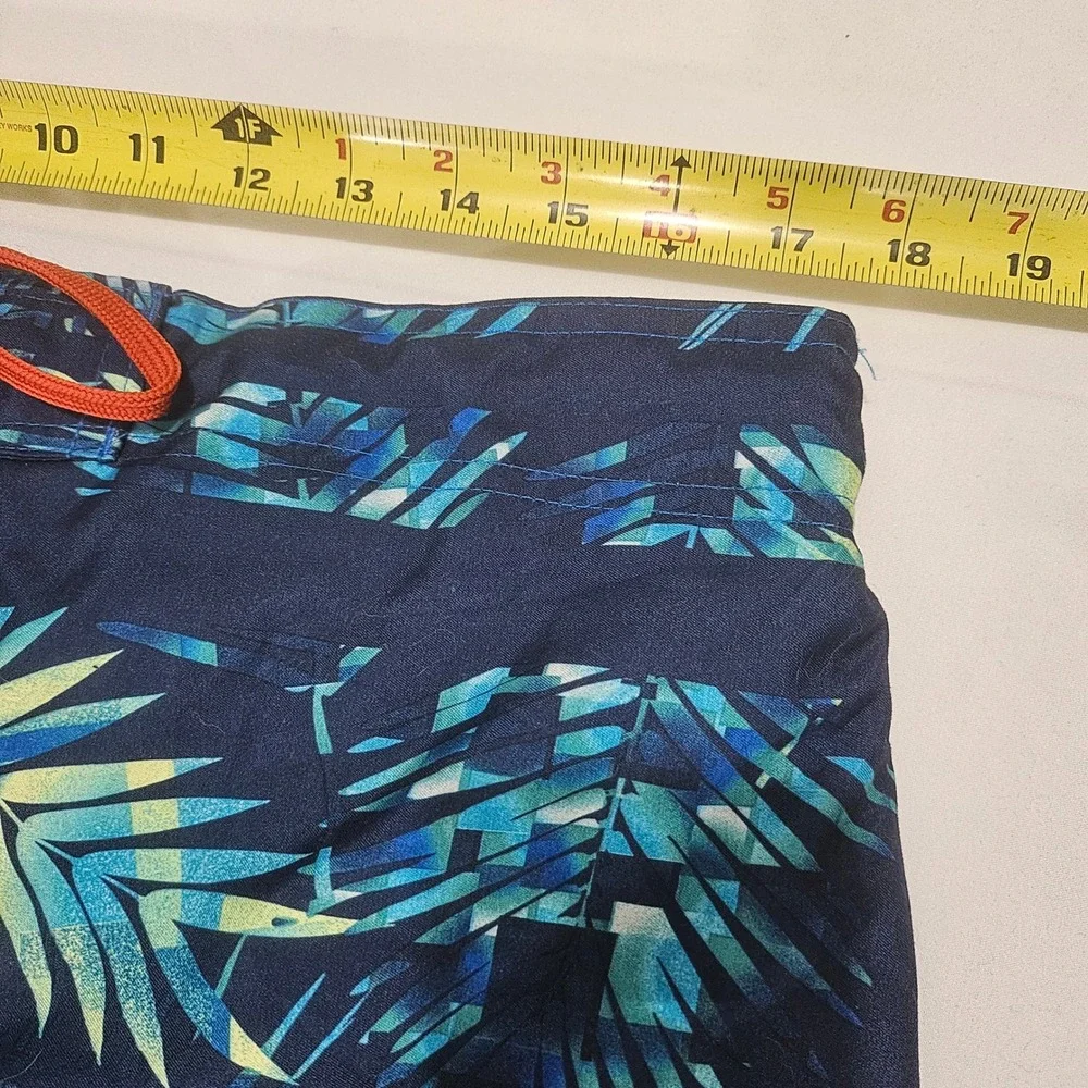 Laguna Mens Tropical Palm Print Swim Trunks Navy Blue Teal Orange Large L81134